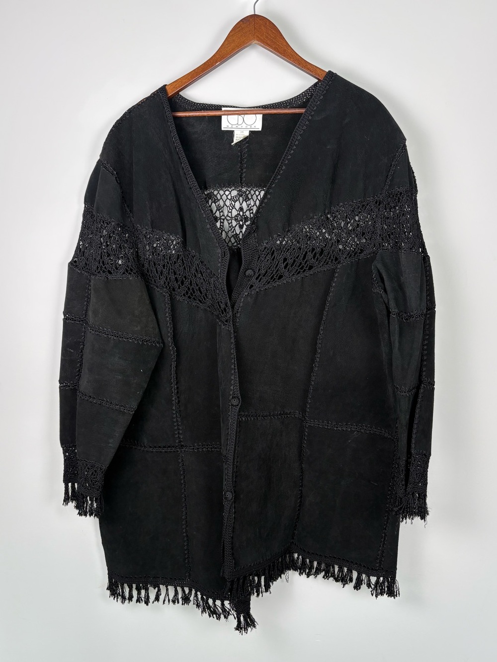 Vintage Longline Leather Crochet Fringe Duster Coat Boho Festival VTG Size 3X